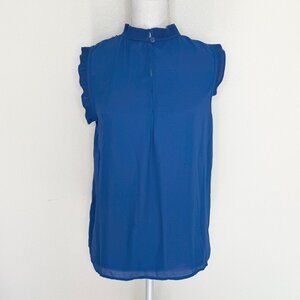 Max Studio Women's Blouse Blue Sleeveless Ruffle Key Hole Size M Preppy Minimal